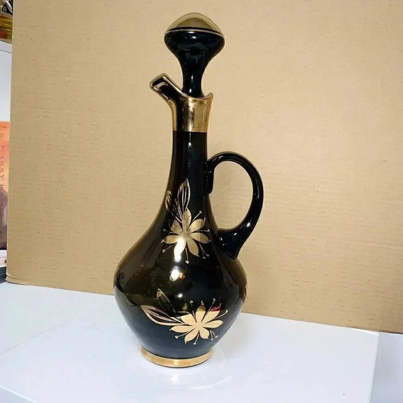 Romanian MidCent Smoked Glass 22k Gold Carafe Decanter Czech Bohemian - Picture 11 of 16